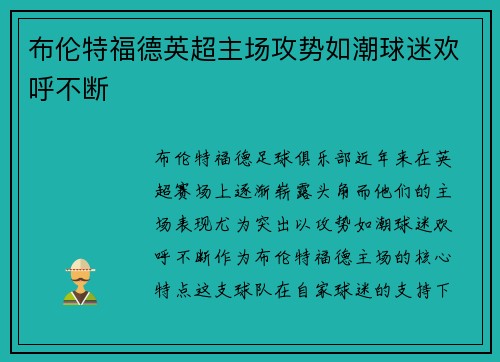 布伦特福德英超主场攻势如潮球迷欢呼不断 布伦特福德英超主场攻势如潮球迷欢呼不断